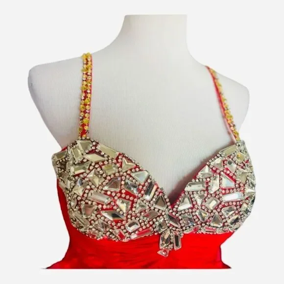 Womens Sherri Hill 2838 Red Organza Ornate Prom Holiday Ball Gown Dress - Size 8 - Picture 4 of 7